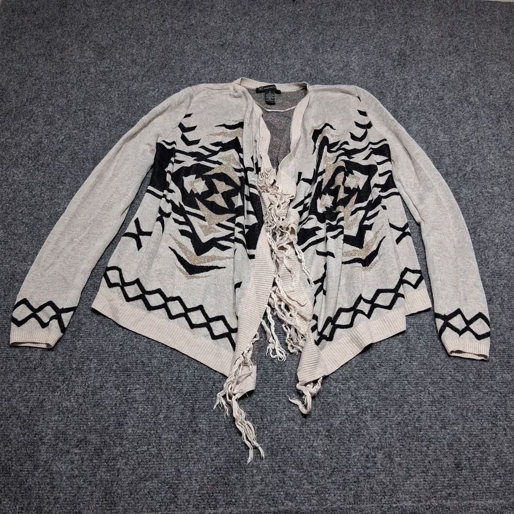 INC Womens Sweater Size M Ivory Diamond Knit Bohemian Fringe Open Wrap Cardigan - Picture 3 of 12